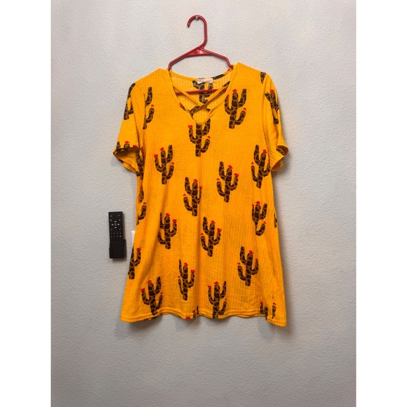 Southern Stitch Dress Cactus Print Crisscross Ribbed Mustard Yellow - Picture 1 of 4